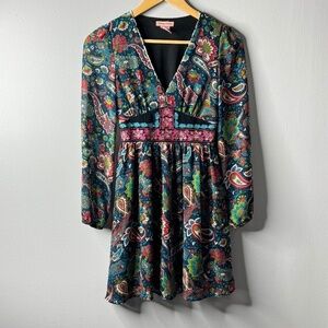 Flying Tomato Mini Dress Navy Blue Paisley Print Long Sleeves Size Extra Small